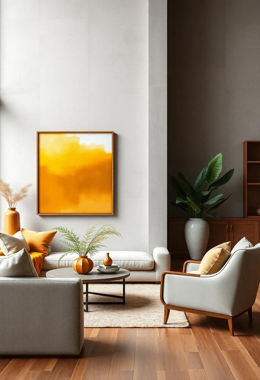 Utilize golden ochre wall art to ‍brighten up ‌dull ⁣corners, seamlessly blending with light gray accents and drawing the eye with ​its vivid​ hue