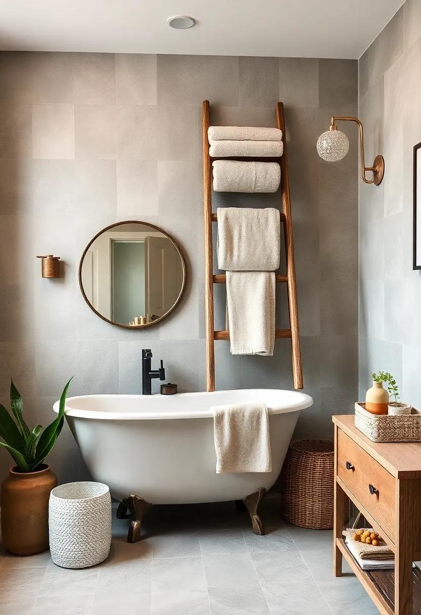 Vintage⁤ Ladder⁣ for Towel Storage: Get creative with ⁤a vintage wooden ladder to showcase towels and blankets, putting a rustic ​spin on your‍ bathroom décor