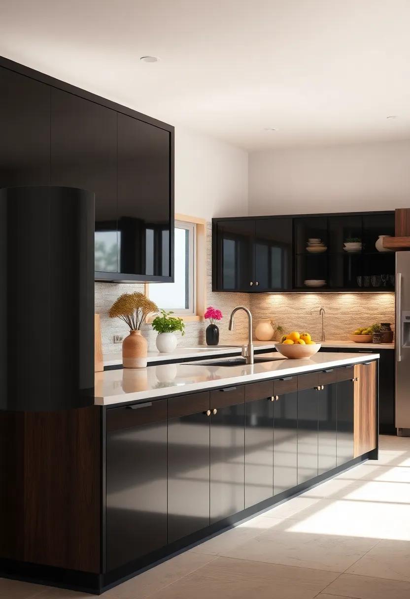 Glossy Black Cabinets: Make a‌ bold statement with ⁤glossy black cabinets that create a dramatic contrast, perfect for a daring⁢ and sophisticated ‍culinary ⁣space