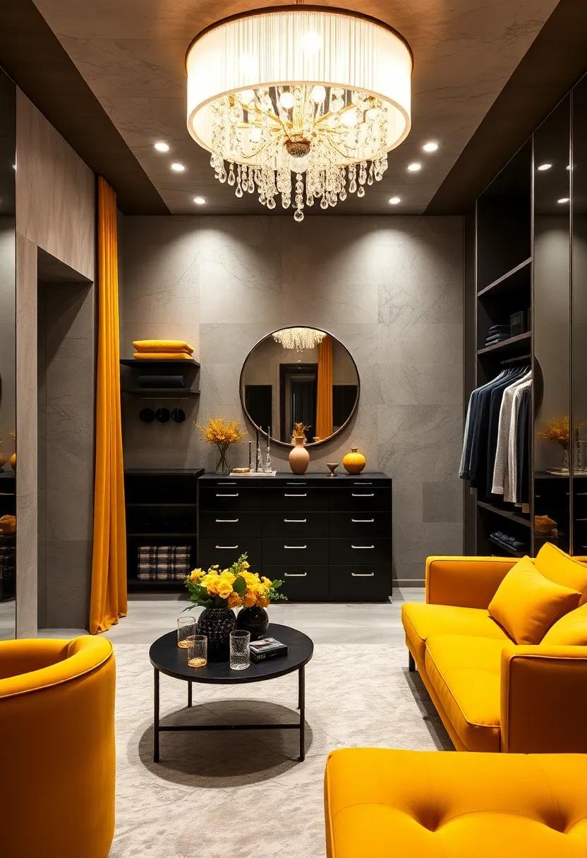 Statement Lighting Fixture ‌– Illuminate your closet with a stunning chandelier or pendant light that adds glamour to ⁣the mustard and black palette