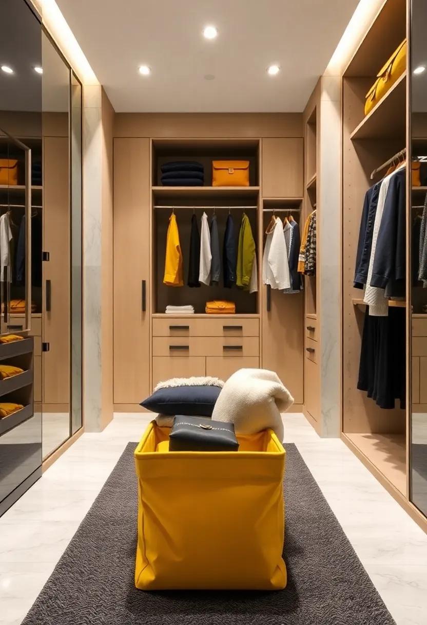 Mustard Storage ‌Bins – Choose fabric bins in mustard yellow to organize accessories,shoes,or seasonal clothing while keeping the space cohesive