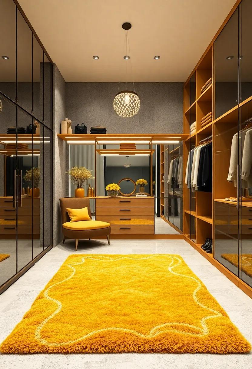 Chic Rug –​ Add a plush ⁤rug in mustard yellow or black to ⁤put down a‌ luxurious ⁢foundation that ties the whole closet together