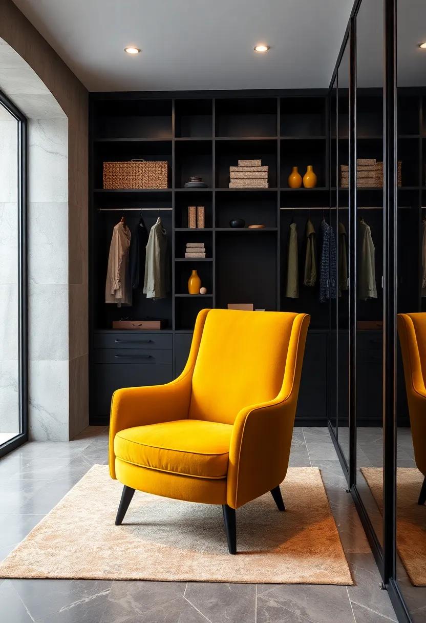 Mustard Accent Chair – Position an accent​ chair in⁤ a ‌vibrant mustard hue for a pop of ‍color and a cozy spot to sit while you dress