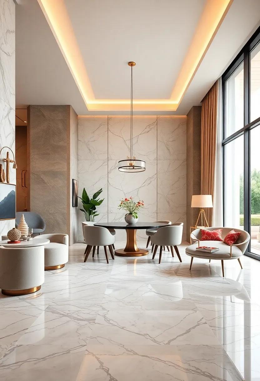 Curved lines: Incorporate rounded ​furniture and soft edges to balance the hard lines of the marble flooring, creating a harmonious and inviting‍ space