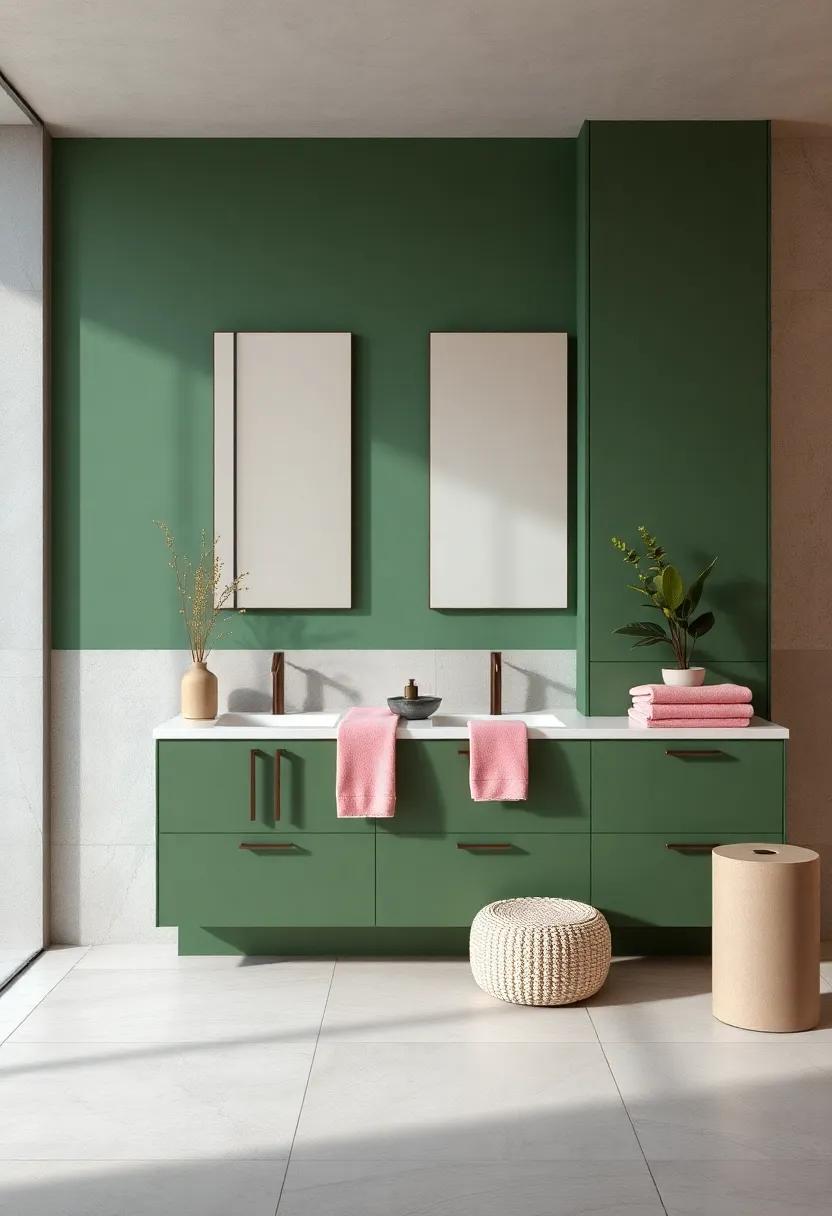 Blush ⁢Pink and Deep green in Bathrooms: Paint ⁣vanity cabinets ‌in deep green, paired with blush pink towels and accessories​ for a refreshing oasis