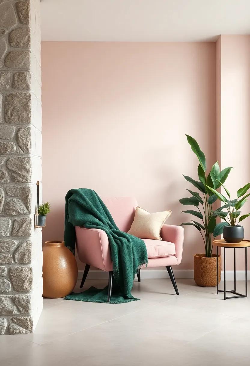 Pair with Deep Green Accessories: Introduce deep green through decorative‌ pillows, vases, ‍or art pieces to create a ‍vibrant contrast against the softer blush tones