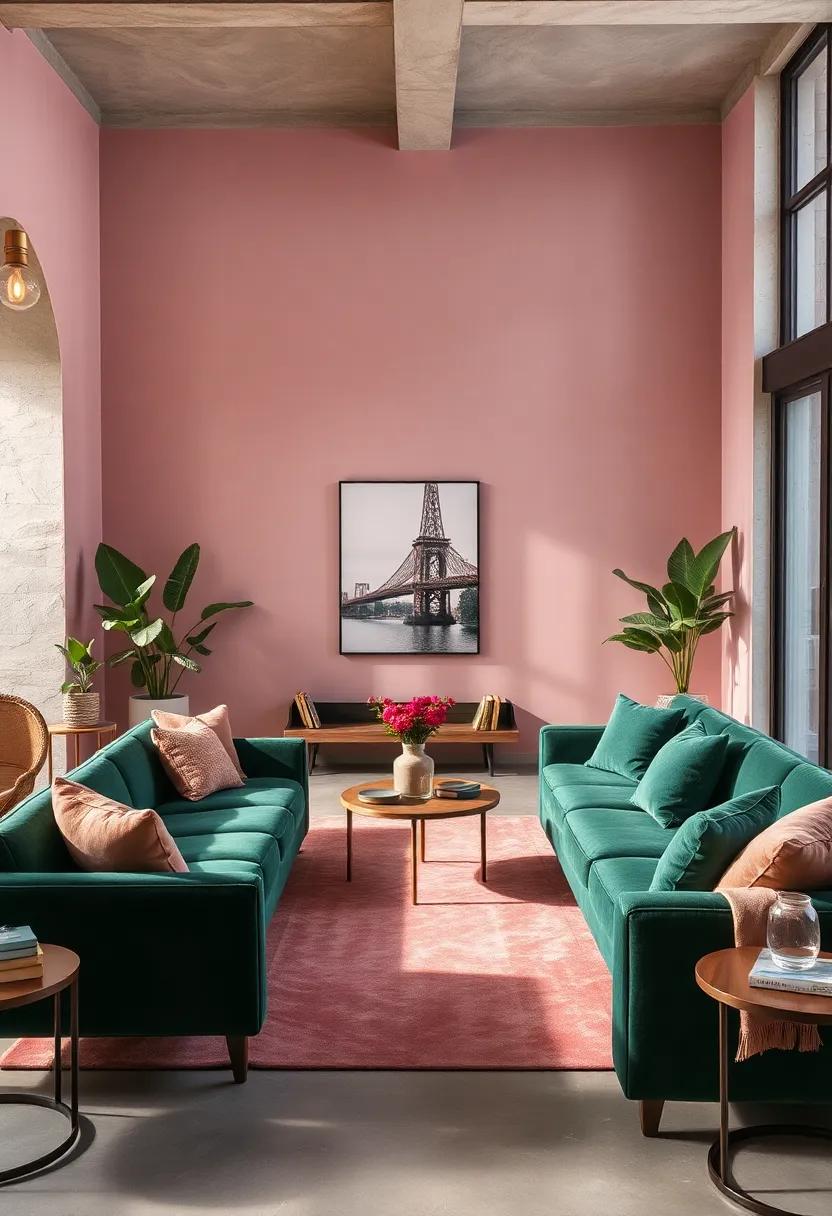 opt​ for Deep‌ Green​ Furniture: Invest in deep green sofas or chairs that act as statement pieces,⁣ balanced beautifully ⁢by the warmth of blush accents