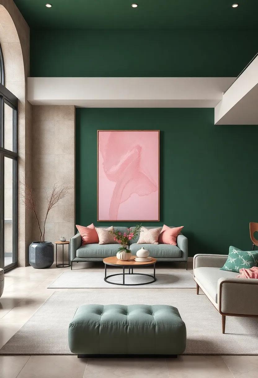 Accent with Blush Pink Wall Art:⁤ Incorporate ​abstract art featuring ‍blush shades to highlight walls adorned in deep green, ⁤creating a dynamic⁣ contrast