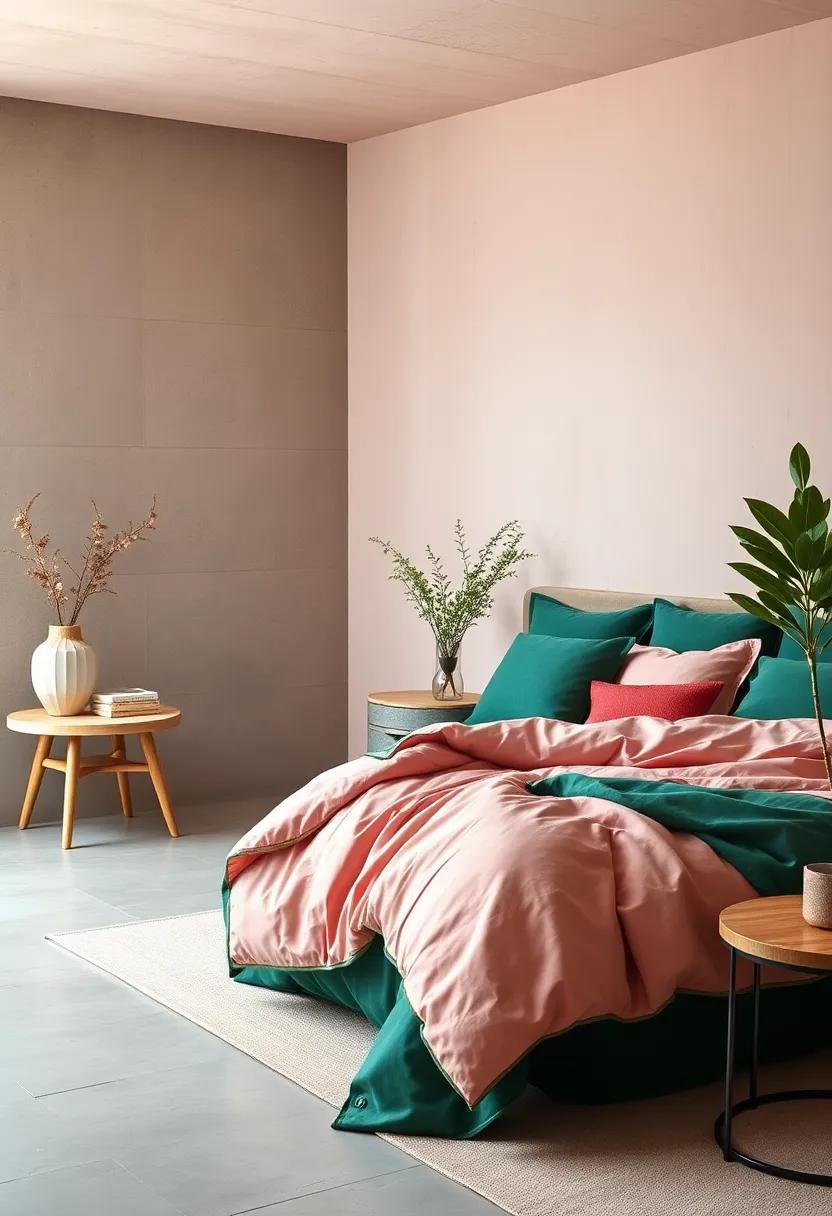 Create Contrast with ​Bedding: Use deep green sheets layered ⁣with blush​ pink quilts and cushions for⁣ a chic, modern bedroom aesthetic