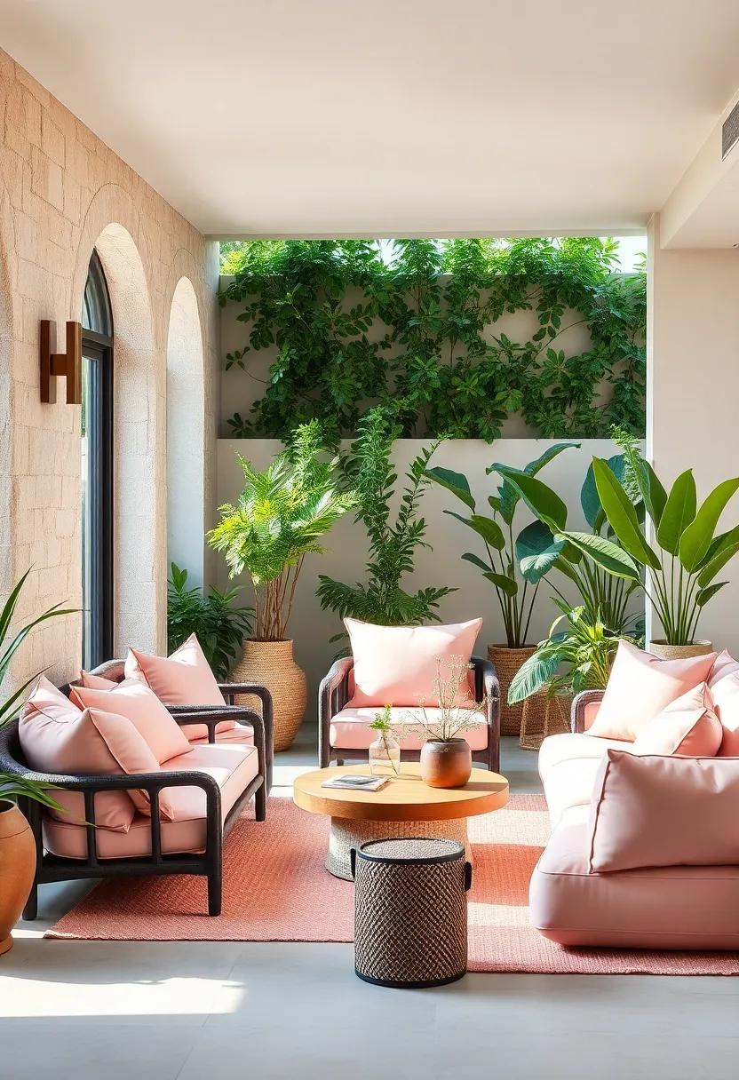Create an Outdoor ​Living Space: Embrace blush pink cushions and deep green plants​ on your patio for a​ serene, ⁣garden-like retreat