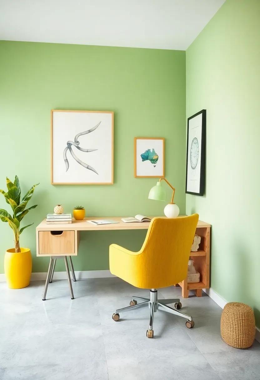 A chic home office where pastel ​green walls inspire creativity,⁣ complemented by a ⁣soft yellow desk chair that adds​ an inviting touch ​to productivity