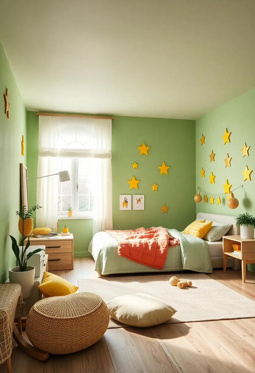 A ⁢playful child’s bedroom with pastel green walls ​adorned with ⁤soft yellow star ‌decals, igniting imagination and a ⁢sense of adventure