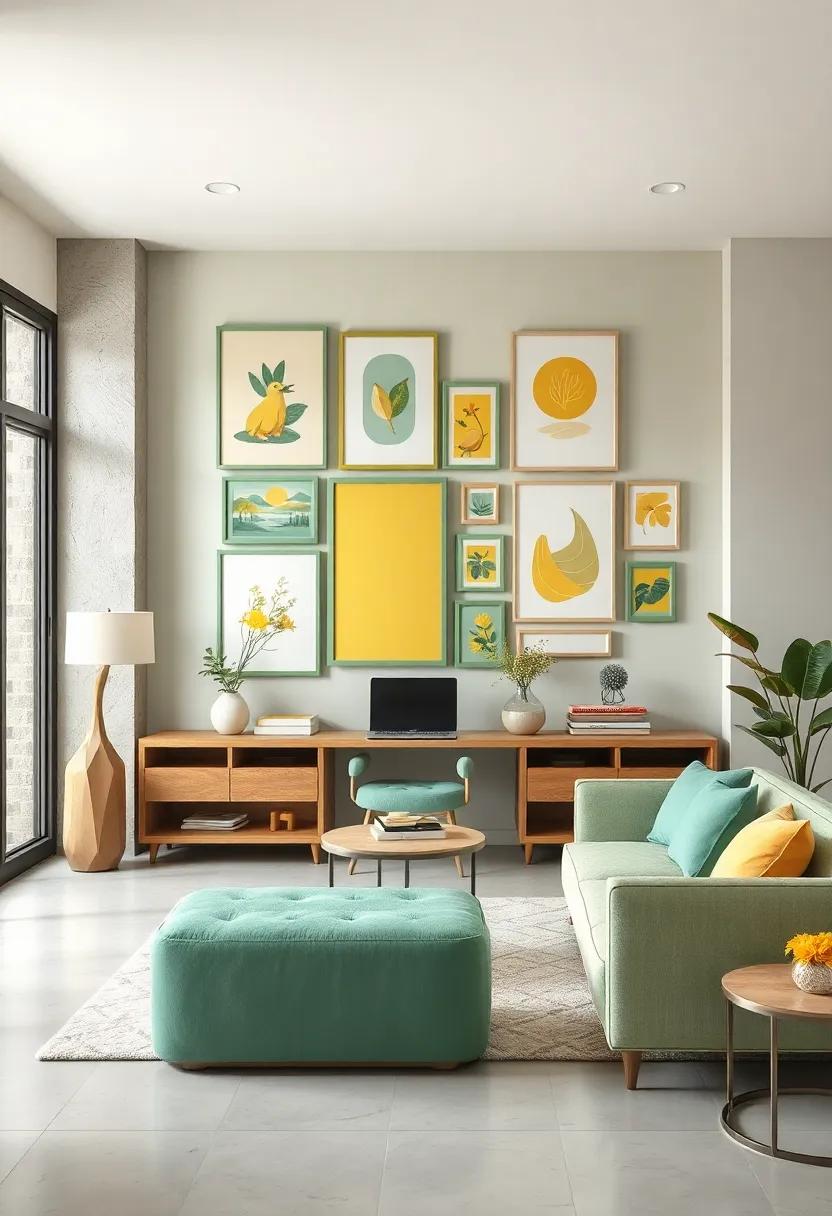 An artistic gallery wall in a home office that combines pastel green frames with soft yellow artwork, inspiring creativity at every glance