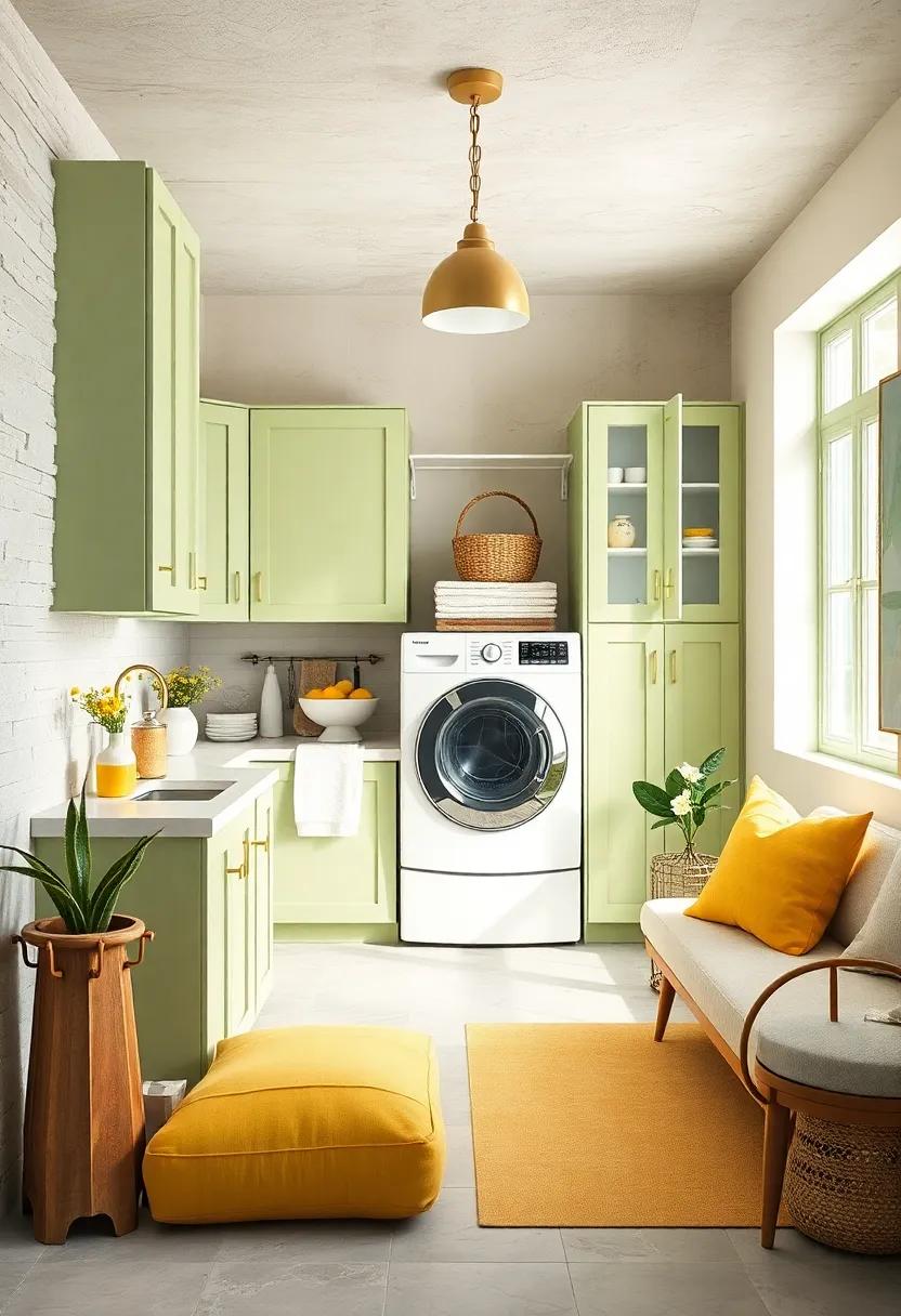 A functional laundry room where⁤ pastel⁢ green cabinets‌ provide storage solutions, brightened by​ cheerful soft yellow accents for ⁤a fresh touch