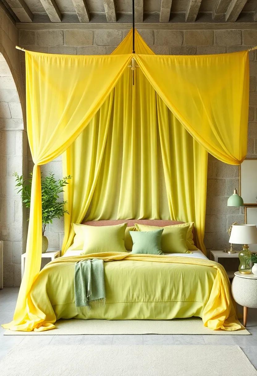 A⁢ charming bedroom featuring a whimsical ‍canopy bed draped in sheer yellow fabric,paired ‌with pastel green pillows for a dreamy,fairytale feel