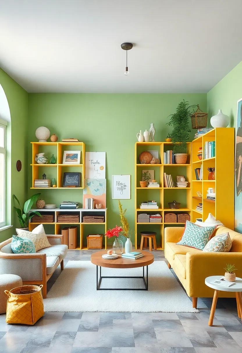 A minimalist kitchen adorned with pastel green cabinets⁣ and sunny ‌yellow countertops, blending modern design⁣ with a touch of nostalgia