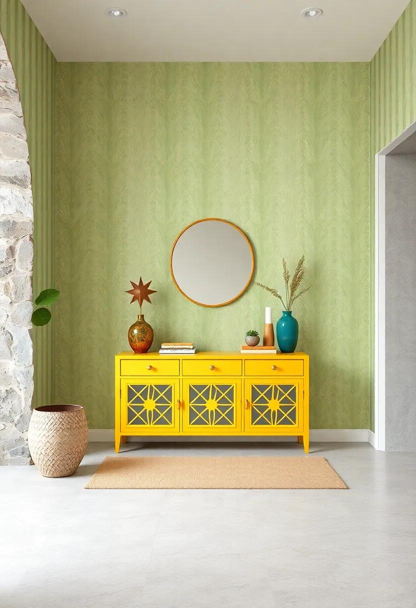 A stylish entryway‍ where pastel green⁢ wallpaper greets guests, accentuated by a soft yellow console table that adds warmth and personality