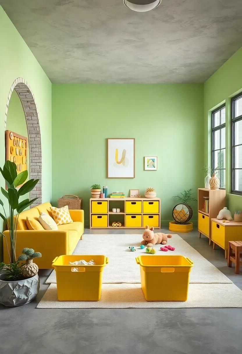 A creative playroom where ‌pastel green walls are decorated ​with ‌colorful soft ​yellow storage bins, keeping toys organized and the​ space vibrant