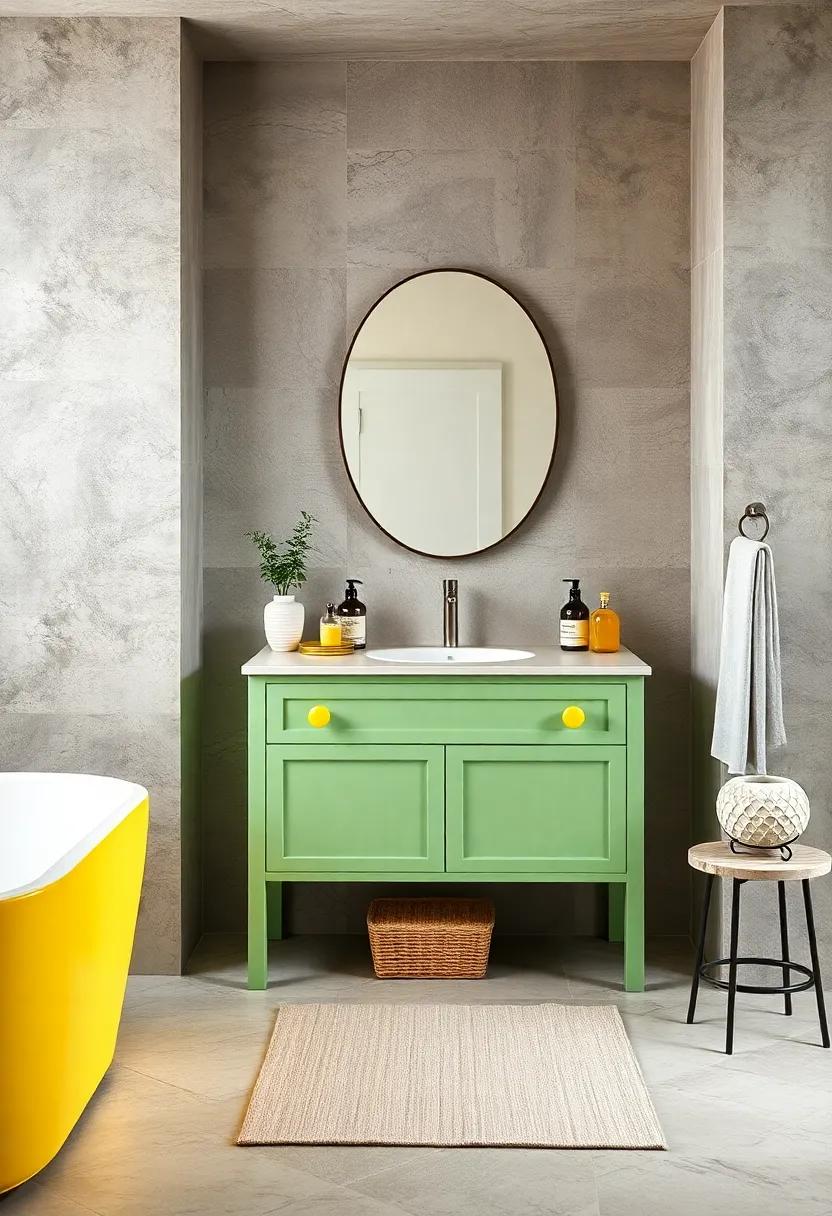 A contemporary bathroom featuring a pastel⁣ green vanity with soft yellow knobs, creating a‍ stylish yet functional‌ space for daily routines