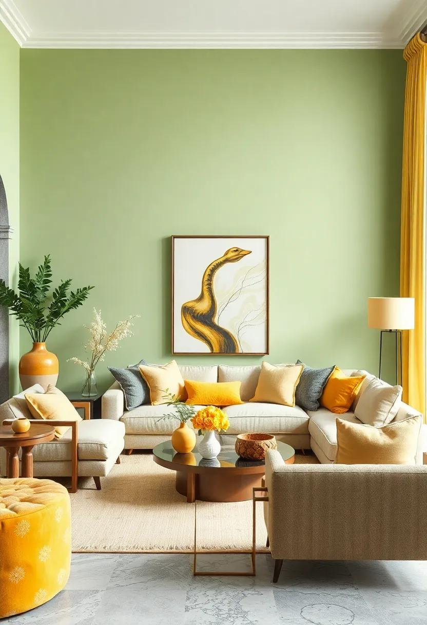 An inviting living⁤ room ​that ‌utilizes‌ pastel ⁢green throw blankets and soft yellow curtains,​ striking a balance ‌between coziness and⁤ elegance