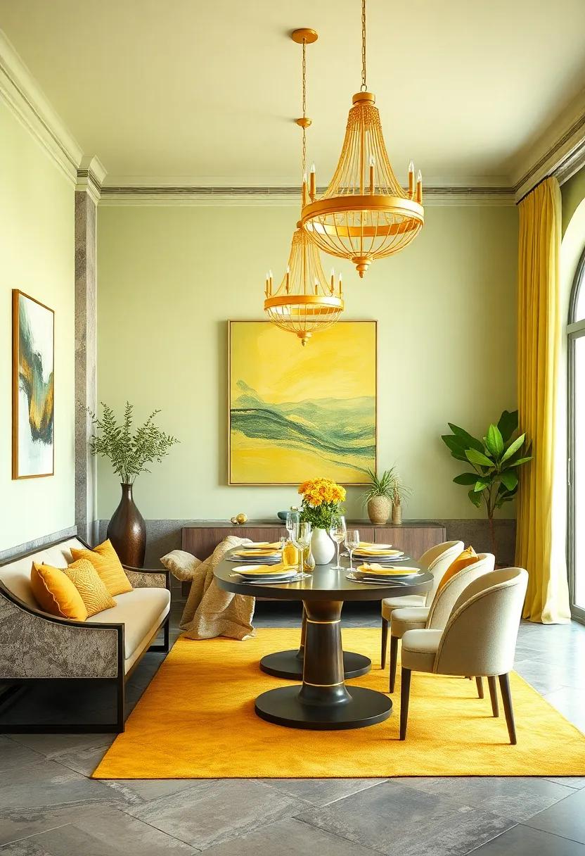An elegant dining space where pastel green wall art is paired with soft yellow⁤ chandeliers, adding sophistication and charm to meals