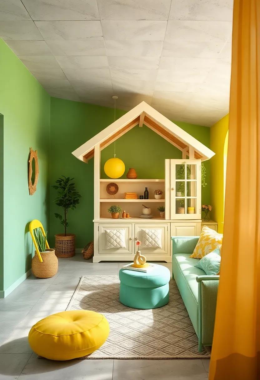 A charming kids' playhouse featuring pastel green walls, with soft⁢ yellow play equipment that encourages fun and imaginative outdoor adventures