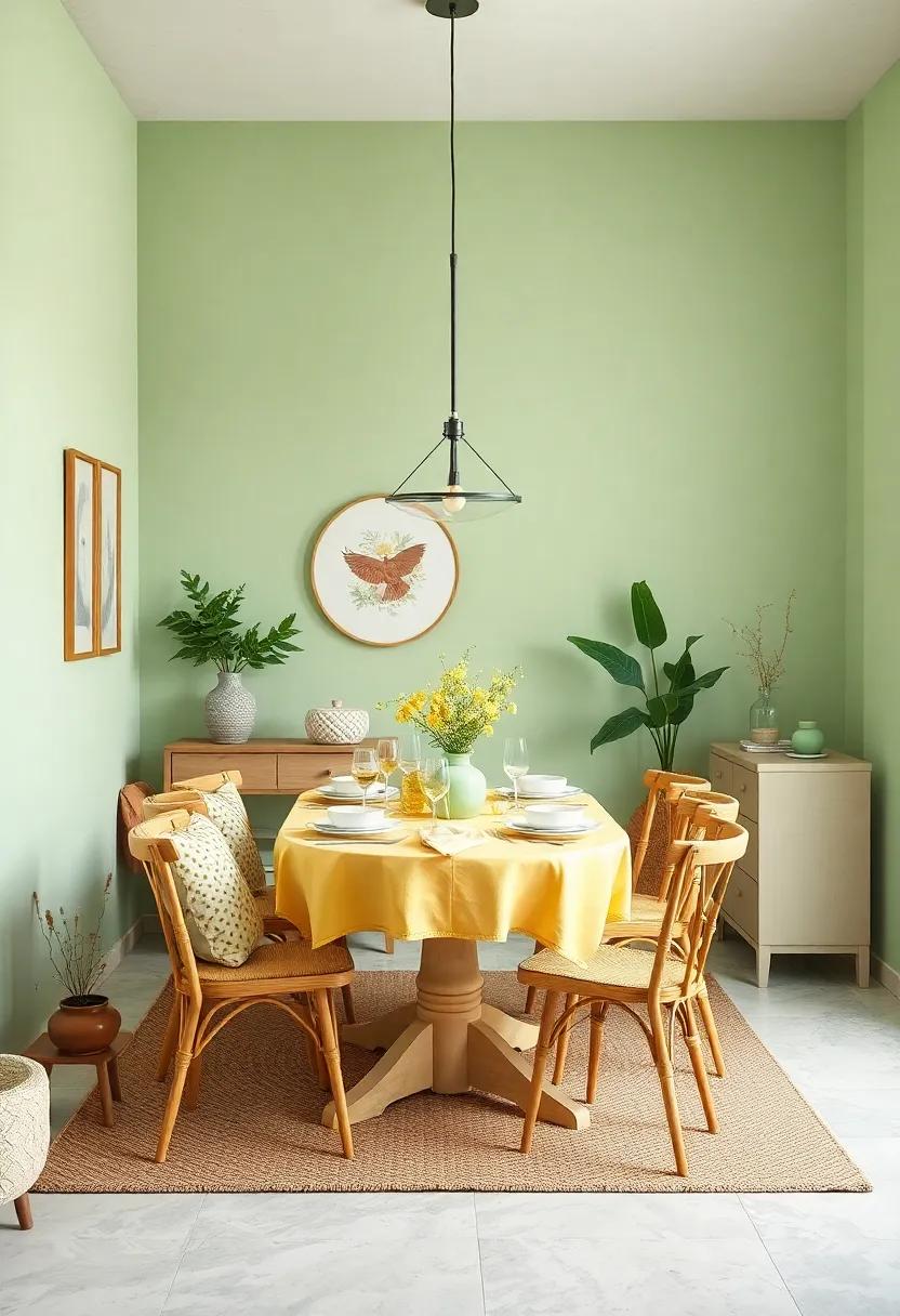 A charming dining area where‍ pastel⁣ green tableware ⁣meets soft yellow table linens, creating a delightful backdrop ‌for family gatherings