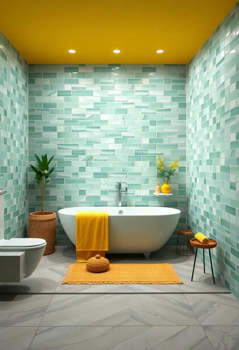 A refreshing bathroom adorned with pastel green tiles‍ paired with soft yellow towels, providing‍ a spa-like atmosphere for leisurely self-care