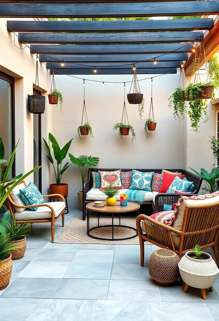 Bohemian Vibes: Layer colorful⁢ textiles and patterned cushions on a daybed surrounded by⁣ hanging plants and​ fairy lights to infuse your space with a relaxed boho⁤ feel