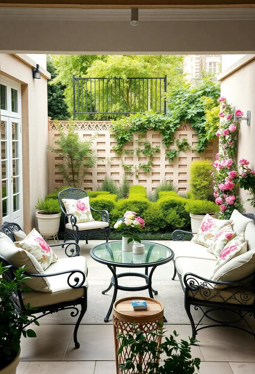 Charming⁣ English Garden: Feature classic wrought iron furniture with floral motifs alongside neatly trimmed hedges and​ quaint climbing roses for a charming vibe