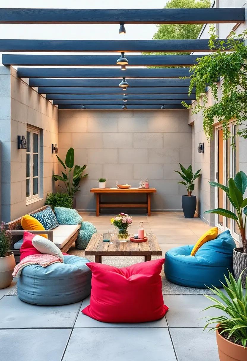 Family-Friendly ​Fun: Design a⁢ playful outdoor space with colorful bean bags and picnic tables for an inviting ⁢atmosphere where kids and adults‌ can ⁢enjoy time together
