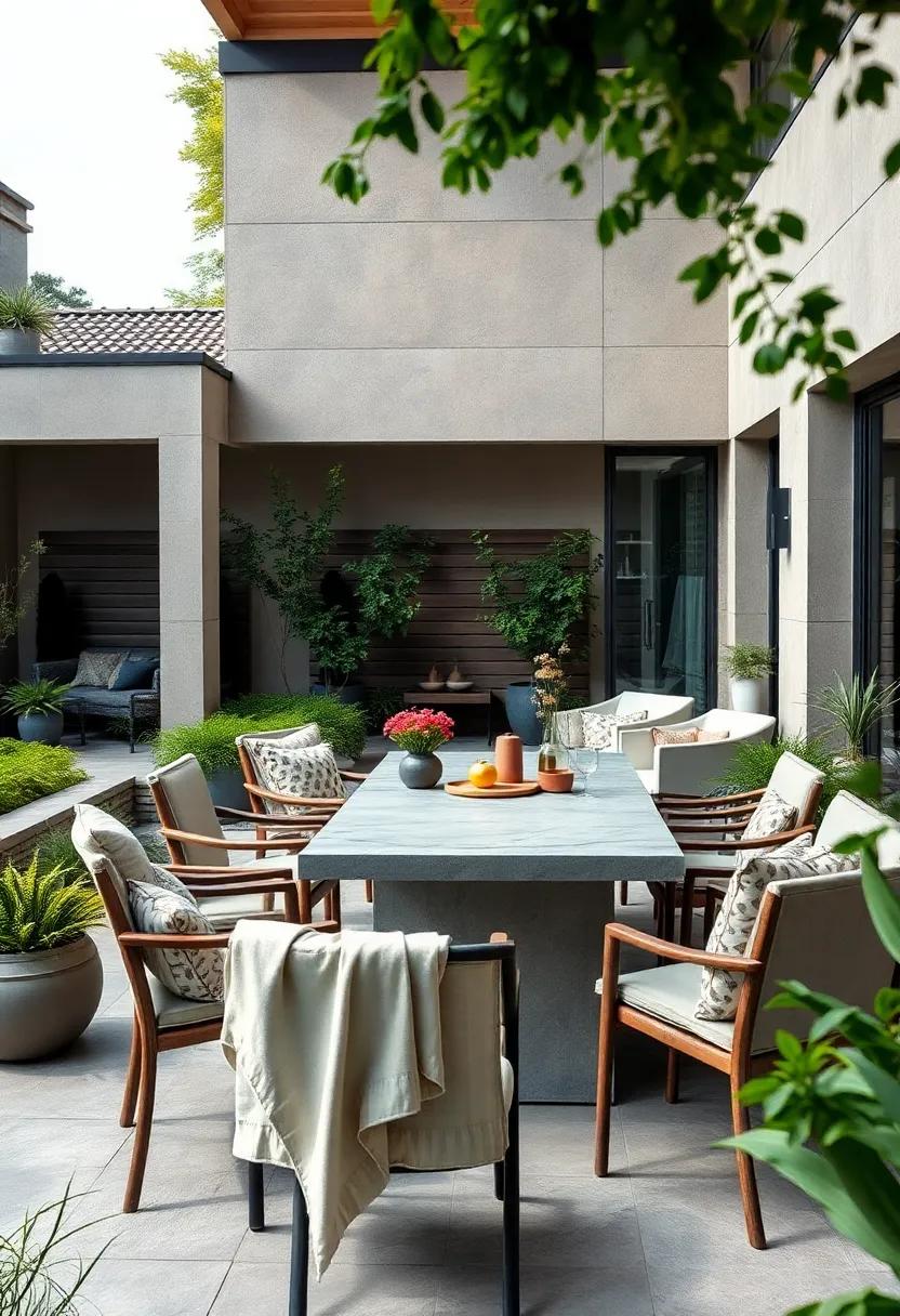Garden Dining: Elevate outdoor ‍dining experiences​ with a large, contemporary‌ stone ​table surrounded by stylish chairs, setting the stage for memorable gatherings