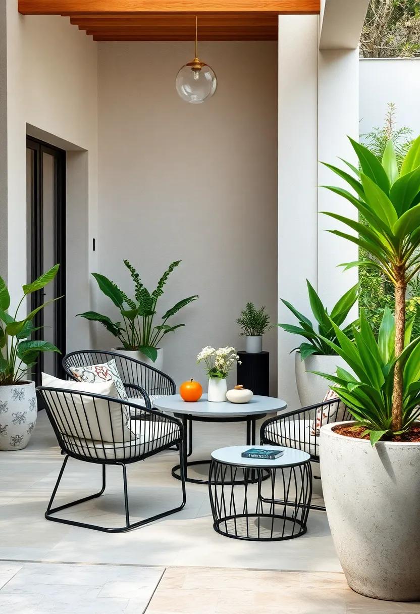 Minimalist‍ Oasis: Embrace simplicity with sleek⁣ metal⁢ furniture in monochrome tones, paired with concrete planters filled with lush greenery for ​a ‌modern touch