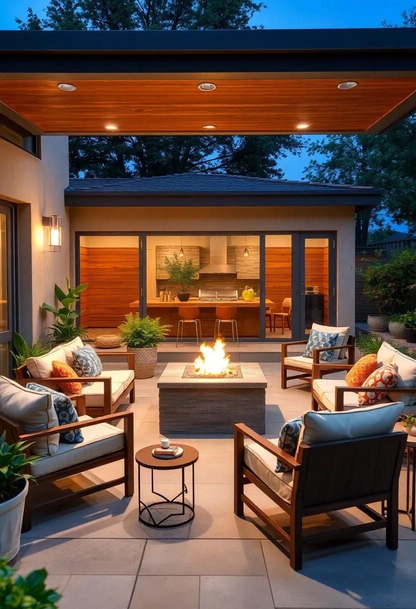 Modern Fire pit: Incorporate a chic fire pit seating area with contemporary lounge chairs to create‌ a warm gathering spot for friends ⁤and family