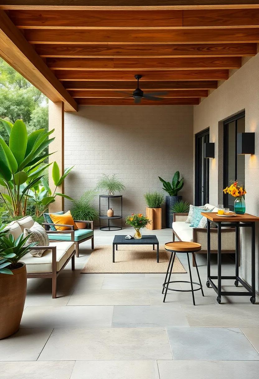 Stylish Bar Space: Include a bar cart ​with ⁤modern bar stools, perfect for hosting memorable cocktail evenings on your patio