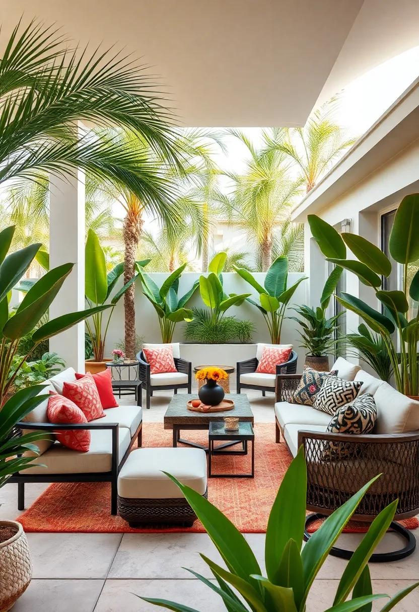 Tropical Paradise: Surround your patio with palm trees and tropical plants, using bold, island-inspired furniture for a vibrant, vacation-like vibe