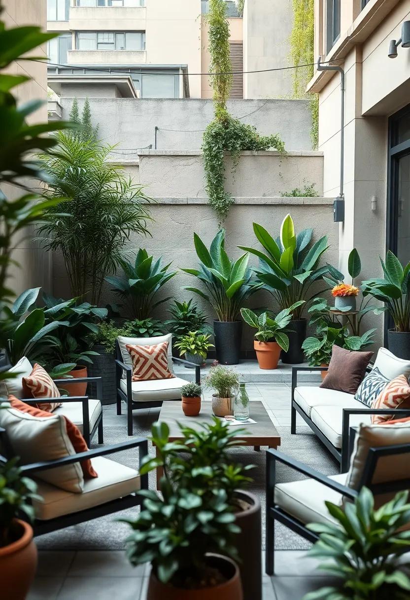 Urban Jungle: Fill your patio with an array of potted plants mixed with contemporary furniture to create a green​ sanctuary amidst the ⁣hustle⁤ and bustle of city life