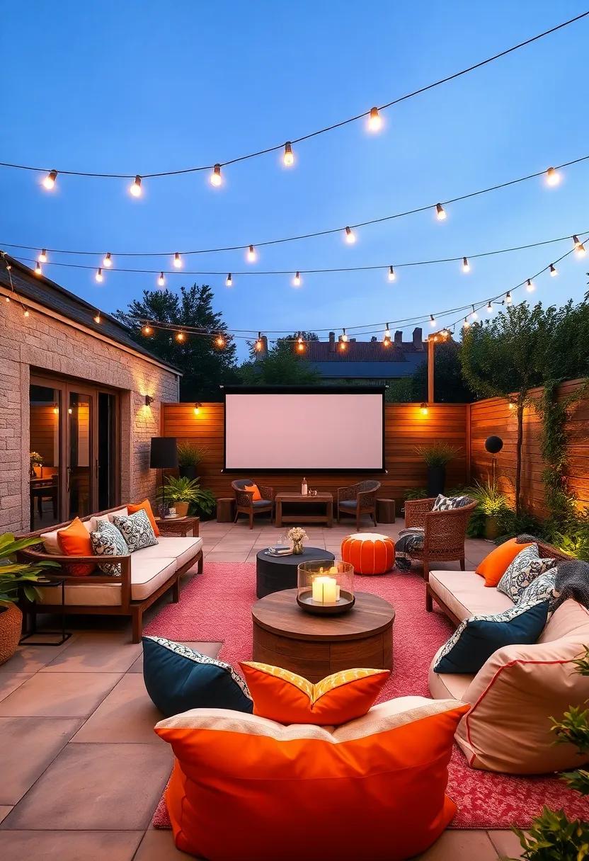 Vibrant Outdoor Cinema: Set up a movie night with comfy poufs and blankets,⁣ along ⁤with a retractable screen and string lights for ⁢a magical outdoor experience