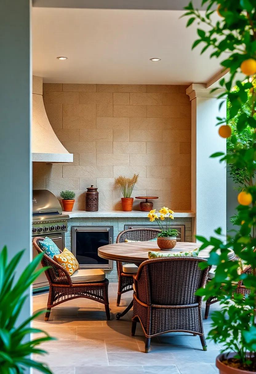 Mediterranean ​Magic: An outdoor kitchen with a tiled‍ grill and ⁤stone accents, infused with vibrant⁣ plants and citrus trees for ​a sun-kissed vibe