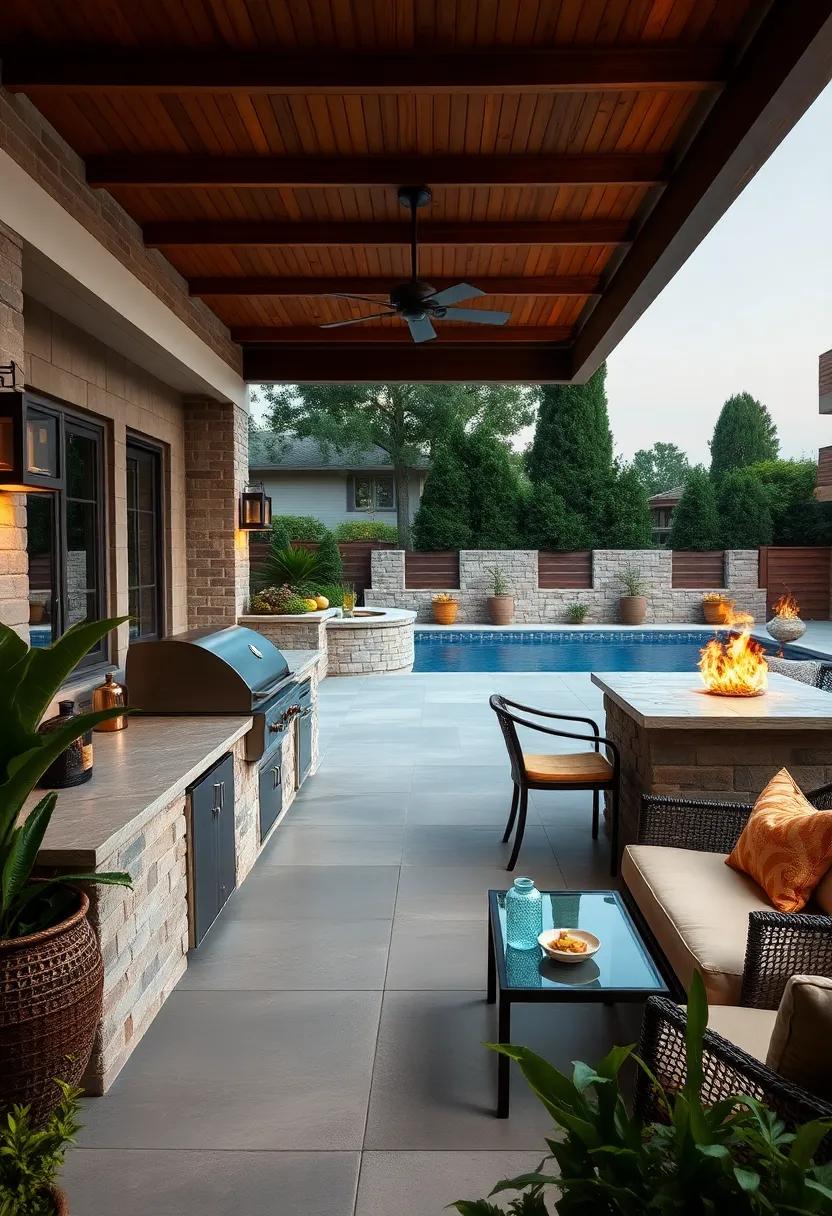 Fire and Water: A stunning patio with a built-in ​grill positioned next to a shimmering ⁢pool, blending culinary delights with refreshing dips