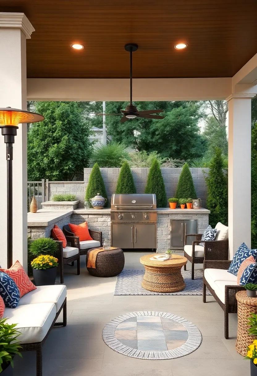 Seasonal Serenity: ⁢An ‌outdoor⁣ kitchen equipped with a⁣ built-in grill perfect for year-round use, surrounded ‌by‌ patio heaters and cozy textiles for winter ⁤warmth