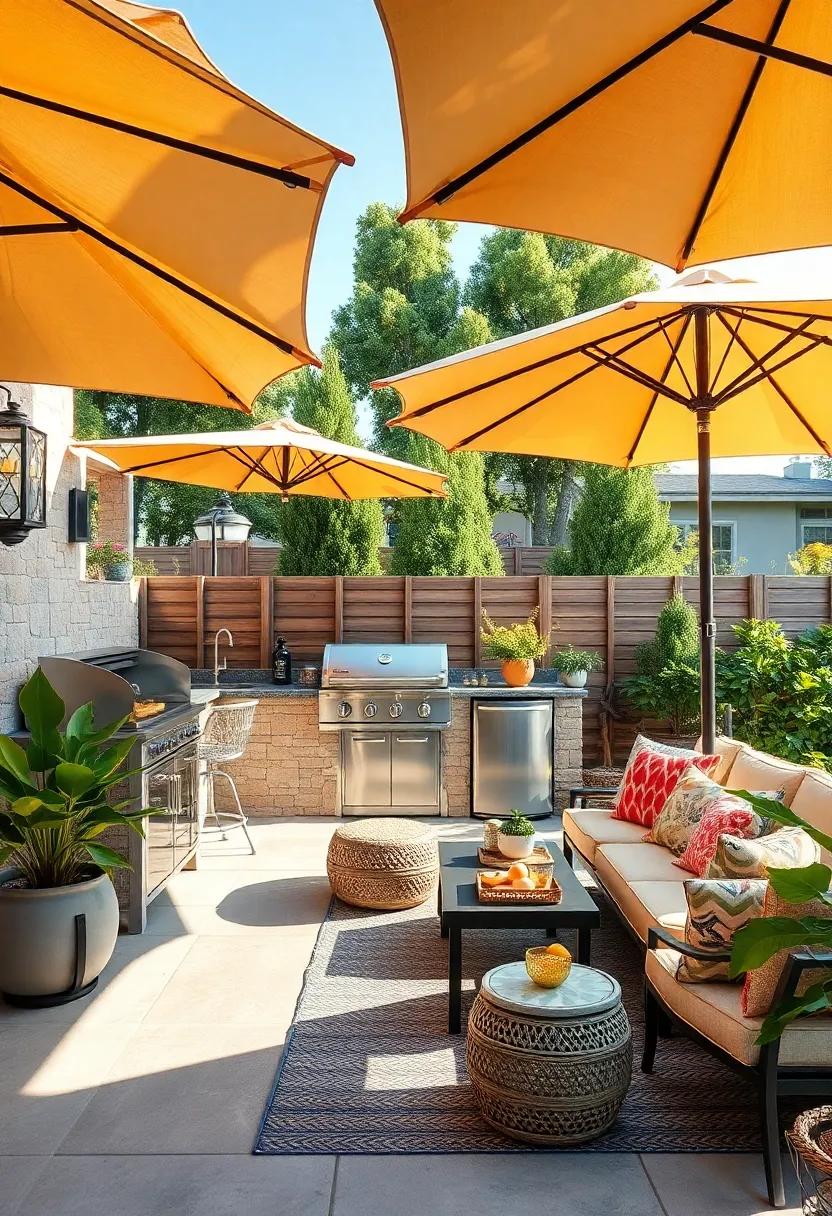 sun-Soaked ‍Spot: An airy outdoor‍ kitchen with ​a built-in grill, shaded by stylish umbrellas ​and surrounded by light, cheerful decor