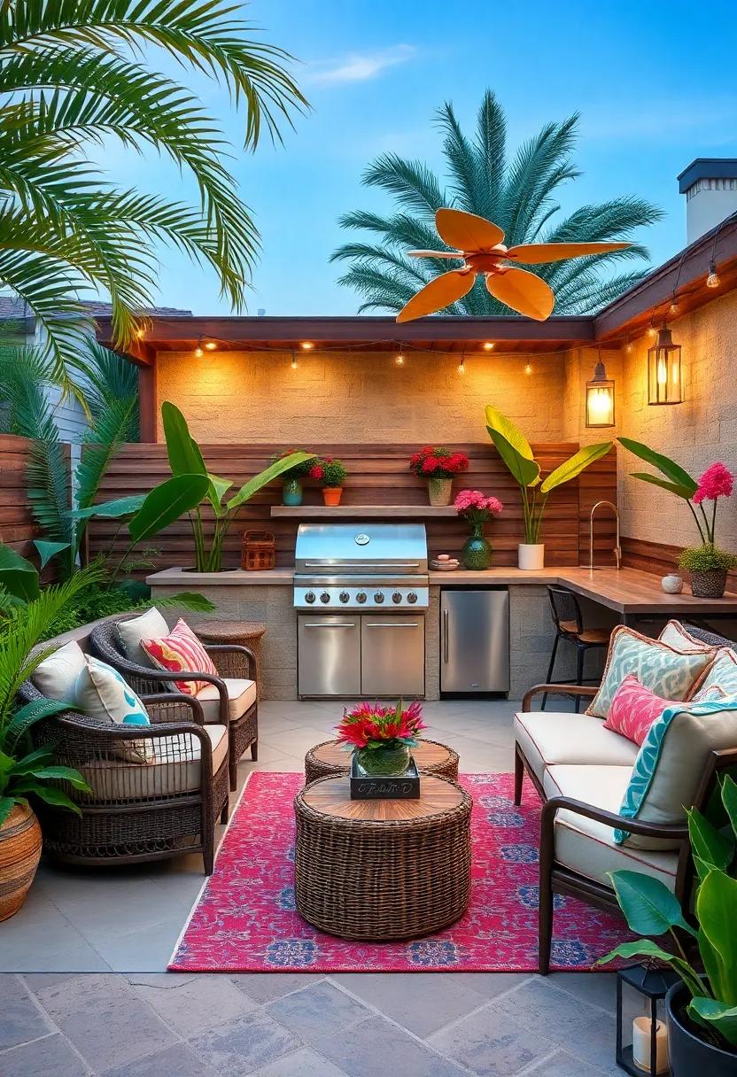 Modern ‌Minimalism: ‍A sleek, stainless steel⁣ outdoor ​kitchen featuring a‍ built-in grill, complemented by elegant, monochromatic furnishings ​for a contemporary touch