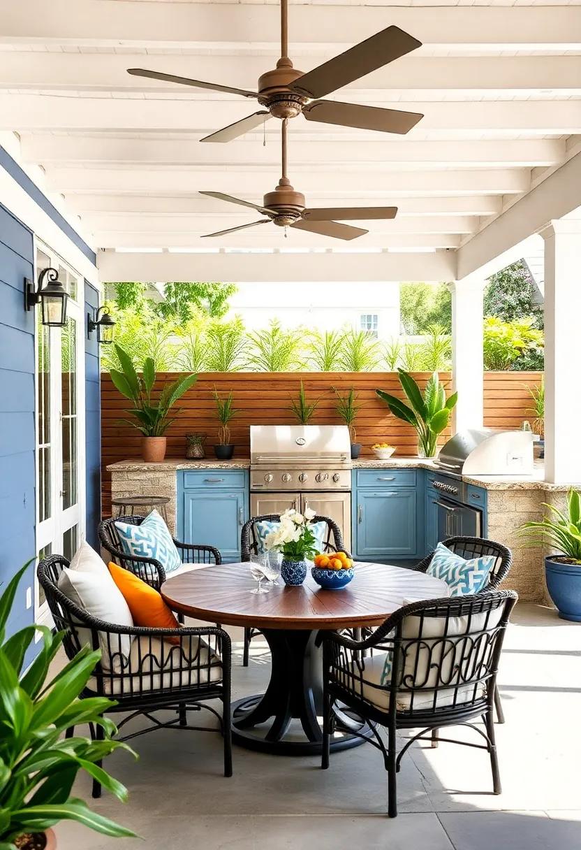 Coastal Charm:⁢ A‍ beach-inspired ⁤patio with ⁣a vibrant blue and white color ⁢palette, showcasing a built-in grill that invites seaside barbecues