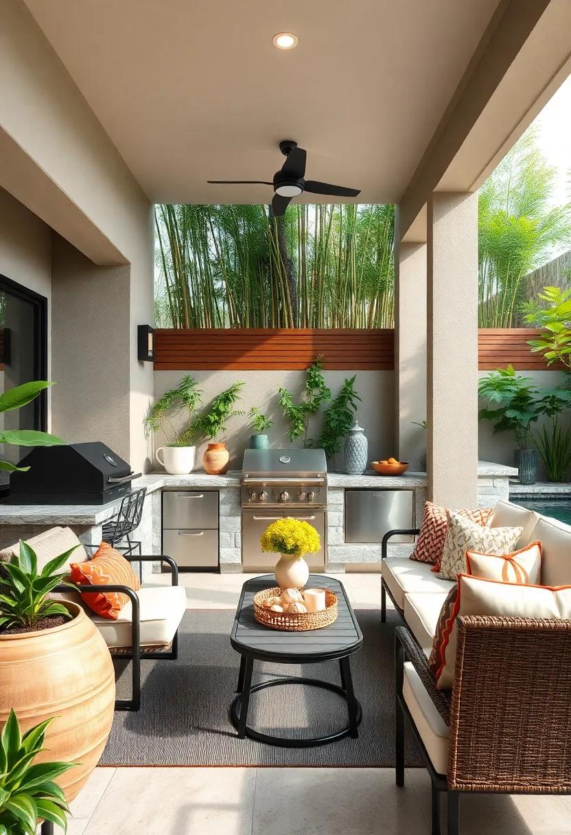 Zen Retreat:‍ A tranquil⁢ outdoor kitchen with a⁣ built-in grill ⁢set against a⁢ backdrop of bamboo and ‍water features,fostering relaxation ⁤and peace