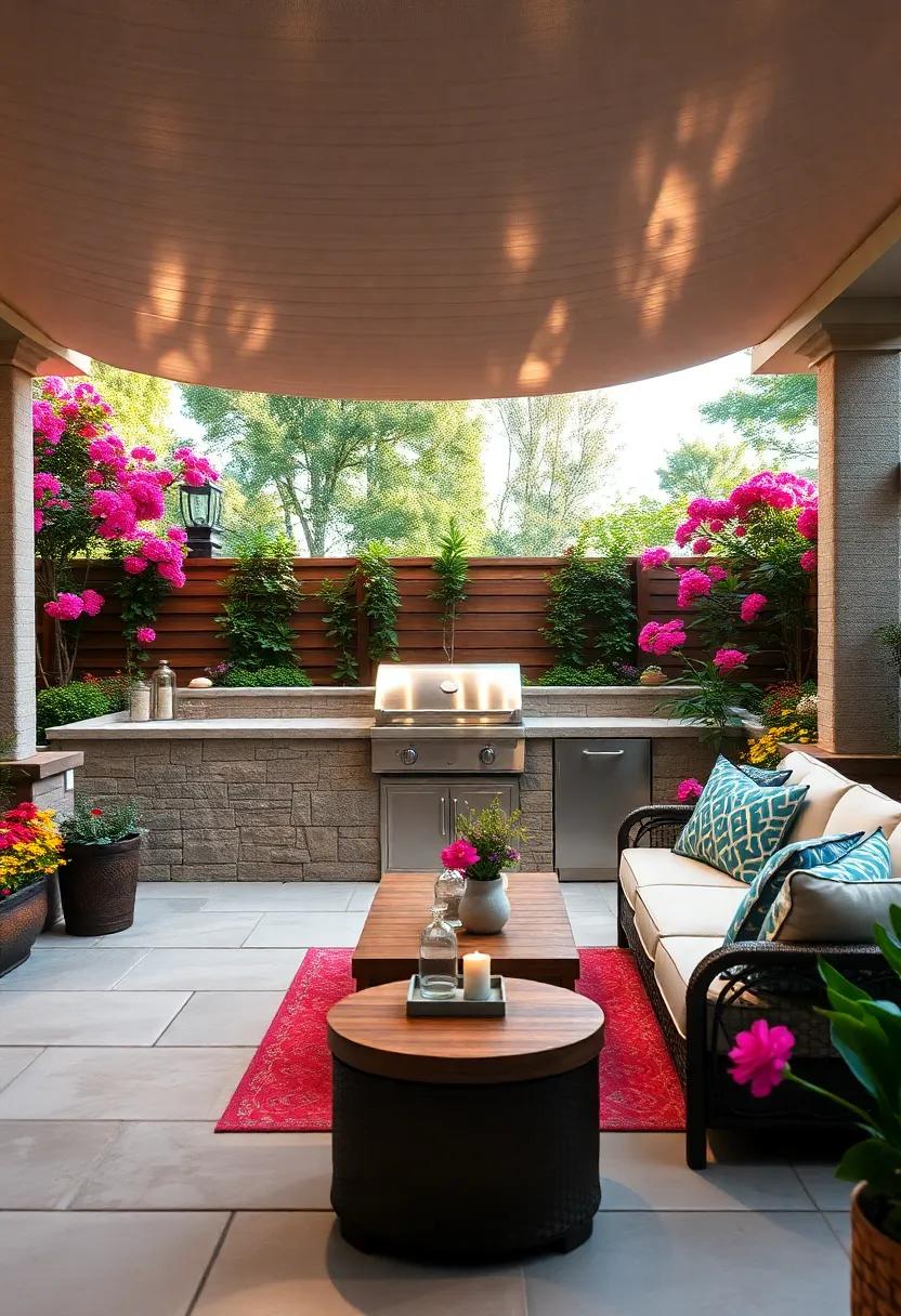 Garden Paradise:‍ an outdoor kitchen ⁣seamlessly ‌integrated‍ into a stunning⁤ garden,‍ featuring a rustic built-in‌ grill ⁤surrounded by blooming flowers