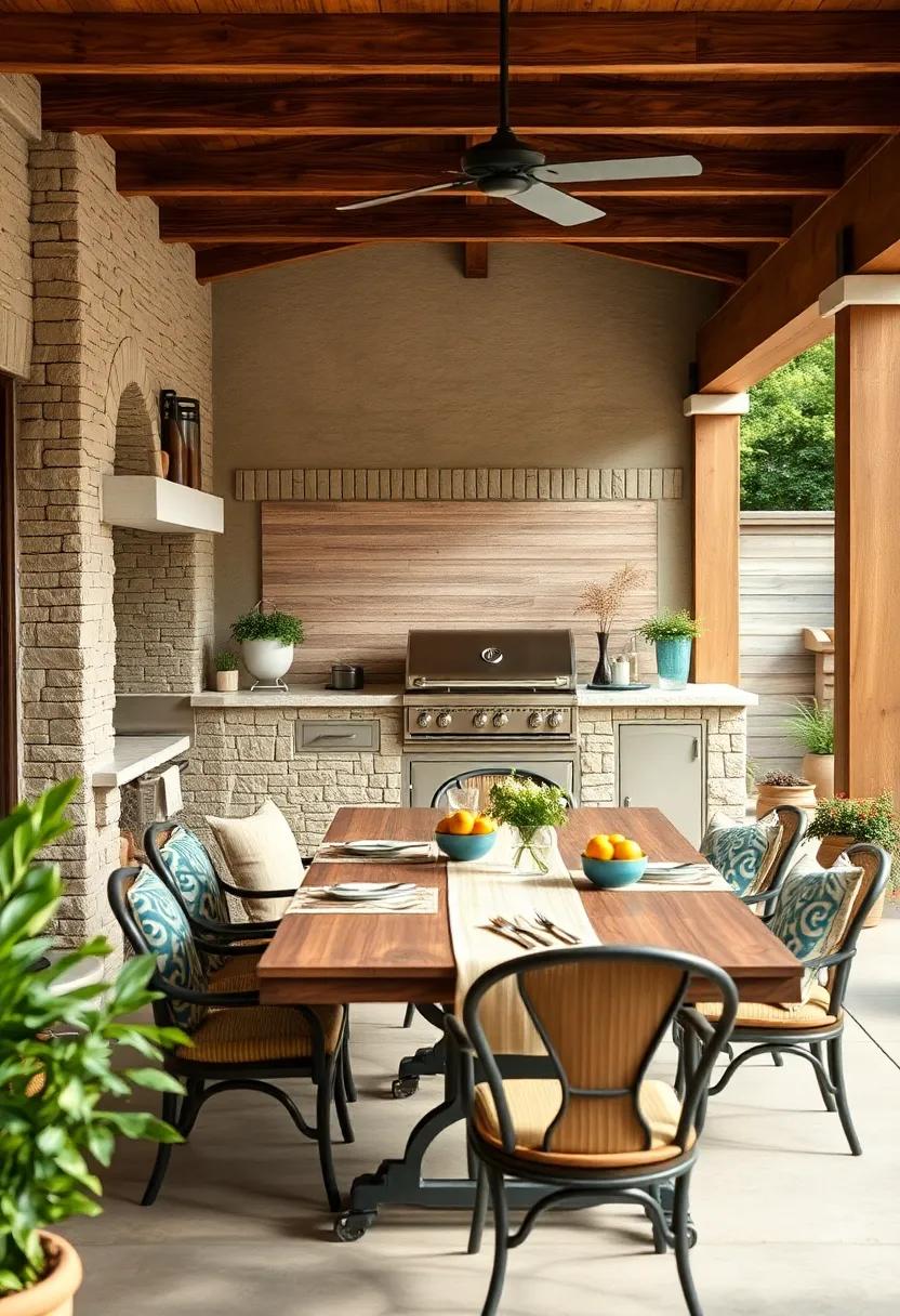 Country ⁤Comfort:​ A traditional outdoor kitchen ‌decked with a built-in grill ​and vintage dining table, exuding warmth and charm for ⁣gatherings
