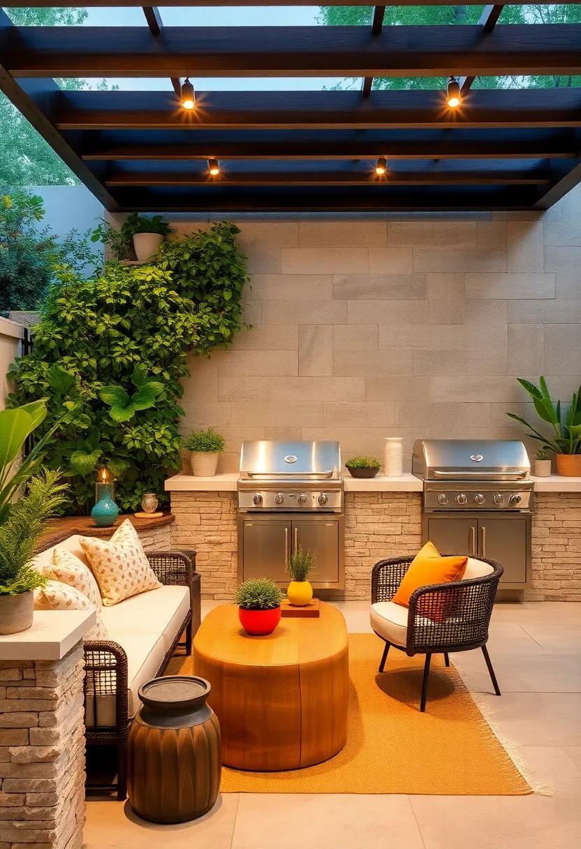 Eco-Friendly Haven: A patio featuring a​ built-in grill​ made from sustainable materials, ‍surrounded by a vertical ⁣garden that ‌promotes ‍green living