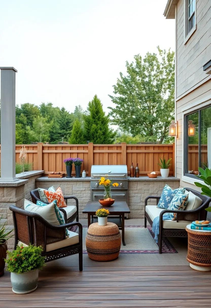 Rustic Elegance: A wooden deck adorned⁤ with a⁣ charming built-in grill,‍ surrounded by ​classic farmhouse decor for a cozy, ⁣inviting atmosphere