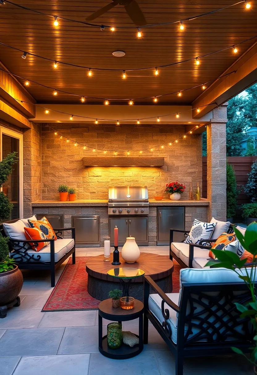 Glamorous Gatherings: A‌ stylish ​outdoor kitchen with a⁤ luxurious built-in grill, surrounded‍ by plush seating and ‌sparkling‍ string ‌lights for​ enchanting evenings